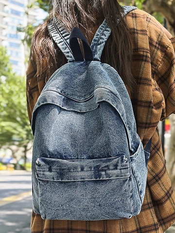 Retro Denim Backpack For Women Large Capacity Acid Wash School Bag Casual Travel Rucksack Streetwear Fashion Washed Denim Bag