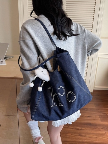 Women Retro Denim Tote Bag Large Capacity Shoulder Bag With Letter Embroidery Plush Cloud Charm Casual Daily Handbag