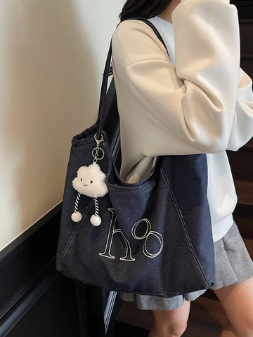 Women Retro Denim Tote Bag Large Capacity Shoulder Bag With Letter Embroidery Plush Cloud Charm Casual Daily Handbag