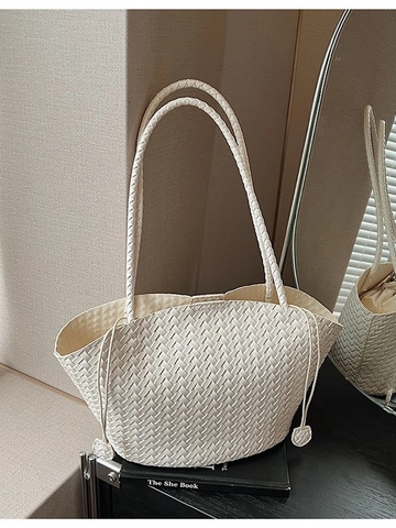 Large Capacity Woven PU Leather Tote Bag For Women Summer New Shoulder Underarm Sub-Mother Bag Commuting Basket Bag