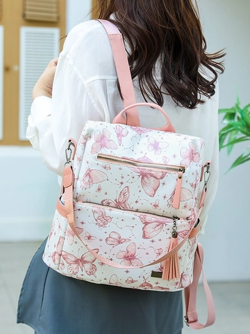 Women Fashion Butterfly Print PU Leather Backpack With Tassel Large Capacity Casual School Travel Bag For Girls Ladies