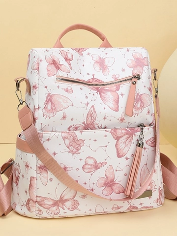 Women Fashion Butterfly Print PU Leather Backpack With Tassel Large Capacity Casual School Travel Bag For Girls Ladies
