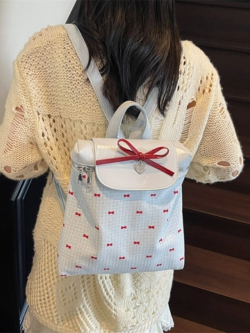 Sweet Women Fashion Bow Backpack Fabric Butterfly Print Ruffle Ribbon Heart Pendant Daypack For School Travel Daily Girls