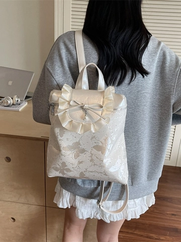 Sweet Women Fashion Bow Backpack Fabric Butterfly Print Ruffle Ribbon Heart Pendant Daypack For School Travel Daily Girls