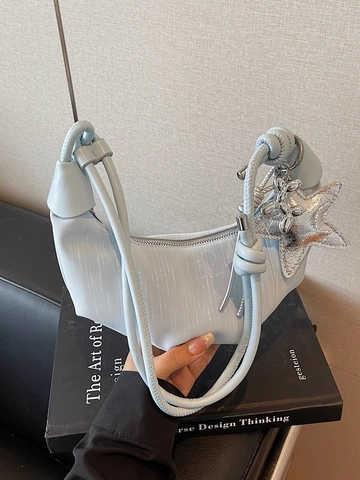 Niche Women Pleated PU Leather Crescent Hobo Bag Minimalist Solid Color Shoulder Crossbody Bag With Star Balloon Dog Charm