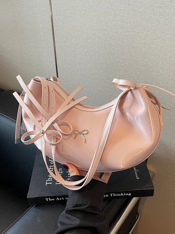 Women Bowknot Crescent Hobo Shoulder Bag Large Capacity Glossy PU Leather Pleated Underarm Bag Casual Commuter Handbag