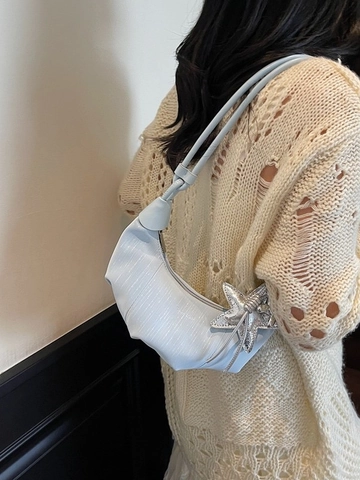 Niche Women Pleated PU Leather Crescent Hobo Bag Minimalist Solid Color Shoulder Crossbody Bag With Star Balloon Dog Charm