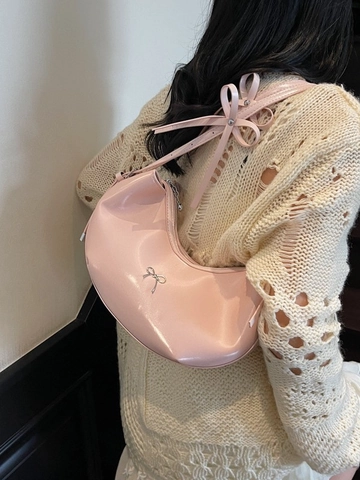 Women Bowknot Crescent Hobo Shoulder Bag Large Capacity Glossy PU Leather Pleated Underarm Bag Casual Commuter Handbag