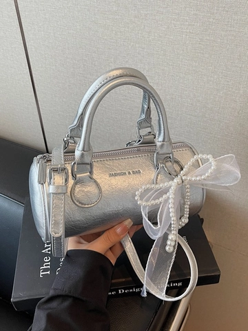 Fashion Women PU Leather Barrel Bag Elegant Small Boston Handbag With Pearl Bow Pendant Sweet Crossbody Shoulder Bag For Daily Use