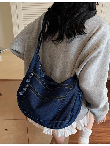 Women Large Capacity Washed Denim Tote Bag Retro Casual Multi-Pocket Crossbody Shoulder Bag For Commuting Shopping Travel