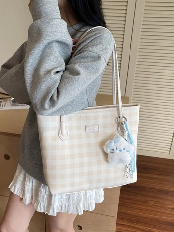 Mode PU Leder Schachbrett Tote Bag Für Damen Vielseitige Große Kapazität Umhängetasche Mit Plüsch Stern Anhänger