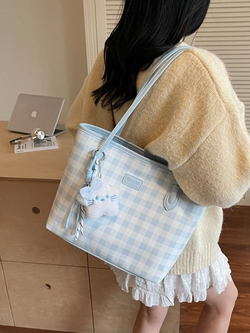 Mode PU Leder Schachbrett Tote Bag Für Damen Vielseitige Große Kapazität Umhängetasche Mit Plüsch Stern Anhänger