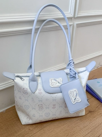 Women Large Capacity PU Leather Tote Bag With Pouch Cartoon Cat Bear Print Shoulder Bag Trendy Casual Commuter Handbag