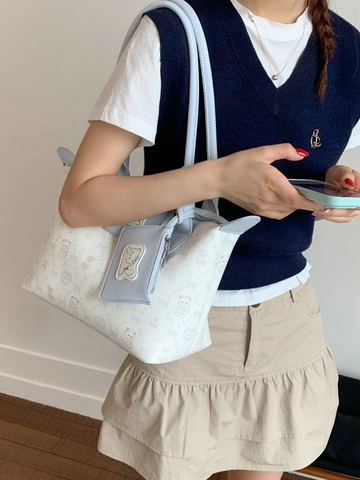 Women Large Capacity PU Leather Tote Bag With Pouch Cartoon Cat Bear Print Shoulder Bag Trendy Casual Commuter Handbag