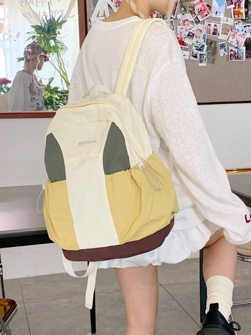 Sac à Dos en Nylon Style Académique Bloc de Couleur Sac d'École Léger pour Femmes Étudiantes Grande Capacité Décontracté