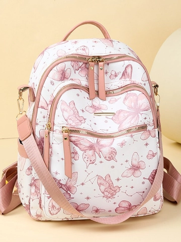 Women Butterfly Print PU Leather Backpack Fashion Multi-Pocket Travel School Bag With Adjustable Straps For Ladies Girls