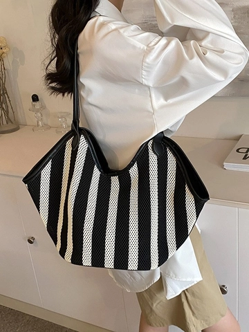 Women Large Capacity Striped Tote Bag Woven Mesh Shoulder Bag Casual Lazy Style Polyester Commuting Bag With PU Straps
