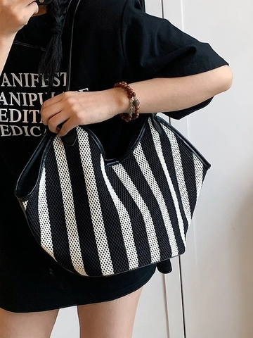 Women Large Capacity Striped Tote Bag Woven Mesh Shoulder Bag Casual Lazy Style Polyester Commuting Bag With PU Straps