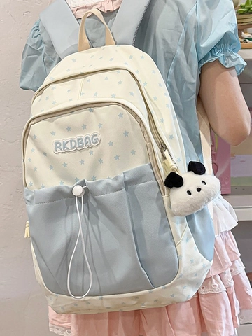 Sac à Dos en Nylon Style Académie Coréenne Avec Imprimé Étoile Et Pendentif En Peluche Pour Filles Étudiantes Grande Capacité Sac d'École Respirant