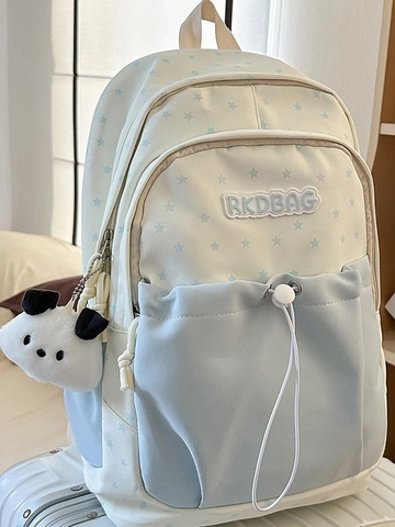 Sac à Dos en Nylon Style Académie Coréenne Avec Imprimé Étoile Et Pendentif En Peluche Pour Filles Étudiantes Grande Capacité Sac d'École Respirant
