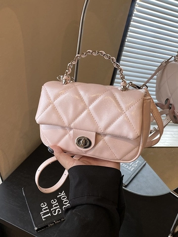 Women Quilted Rhombus Crossbody Bag PU Leather Small Square Bag Metal Chain Handle Twist Lock Versatile Summer Handbag