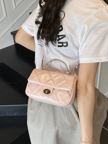 Women Quilted Rhombus Crossbody Bag PU Leather Small Square Bag Metal Chain Handle Twist Lock Versatile Summer Handbag