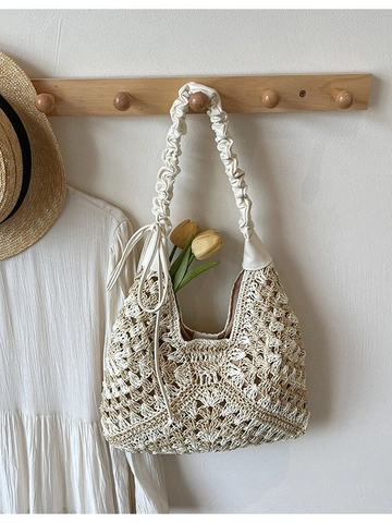 Sac à Épaule en Paille Tissé de Grande Capacité pour Femmes Sac Cabas de Plage d'Été Avec Anse Froncée Vacances