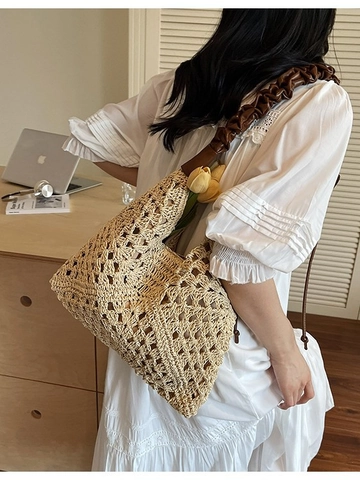 Sac à Épaule en Paille Tissé de Grande Capacité pour Femmes Sac Cabas de Plage d'Été Avec Anse Froncée Vacances