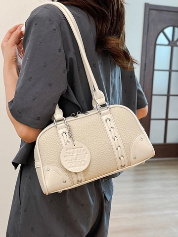 Women's Fashion PU Pebbled Leather Underarm Bag Commuter Shoulder Bag Boston Pillow Bag With Double Handles And Round Brand Tag