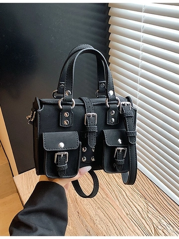 Women Vintage PU Leather Crossbody Bag With Rivet Multi Pocket Moto Style Shoulder Handbag Versatile Fashion Square Bag