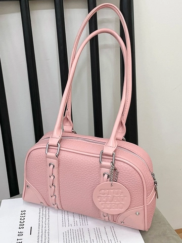 Women's Fashion PU Pebbled Leather Underarm Bag Commuter Shoulder Bag Boston Pillow Bag With Double Handles And Round Brand Tag