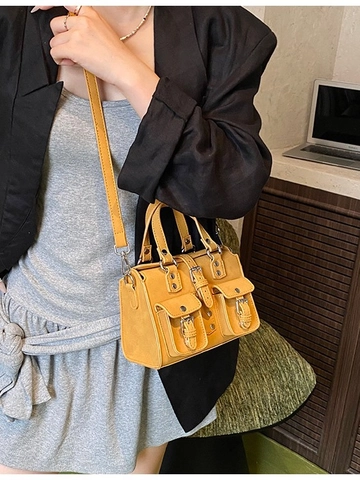 Women Vintage PU Leather Crossbody Bag With Rivet Multi Pocket Moto Style Shoulder Handbag Versatile Fashion Square Bag