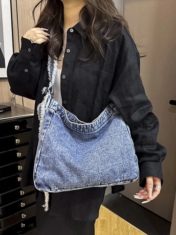 Vintage Washed Denim Shoulder Bag For Women Large Capacity Tote Hobo Bag With Frayed Edges Casual Travel Crossbody Bag