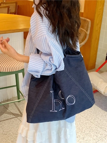 Women Denim Tote Bag Large Capacity Letter Embroidery Shoulder Bag Casual Contrast Stitching Canvas Shopping Bag