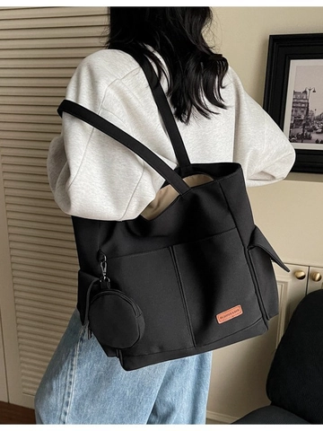 Women Canvas Tote Bag Large Capacity Shoulder Bag Multi Pockets Japanese Style Round Purse Casual Work Handbag