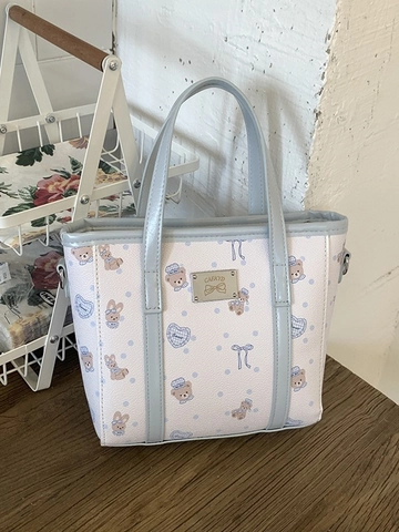 Kawaii Cartoon Bär Druck PU Leder Schultertasche Für Damen Süße Eimer Handtasche Mit Verstellbarem Gurt Pendler Tasche