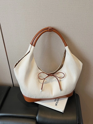 Bolso de Hombro de Patchwork de Cuero de PU Tejido Color de Contraste Lazo Decor Bolso Tote Gran Capacidad para Mujer Casual