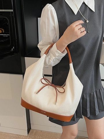 Bolso de Hombro de Patchwork de Cuero de PU Tejido Color de Contraste Lazo Decor Bolso Tote Gran Capacidad para Mujer Casual