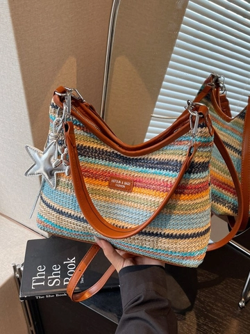 Bohemian Colorful Striped Woven Beach Bag For Women Straw Dumpling Crossbody Bag With PU Leather Strap Star Charm Vacation Handbag
