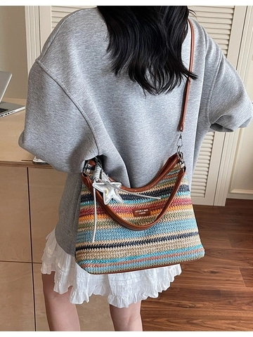 Bohemian Colorful Striped Woven Beach Bag For Women Straw Dumpling Crossbody Bag With PU Leather Strap Star Charm Vacation Handbag