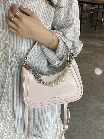 Women Minimalist Synthetic Leather Crescent Underarm Bag Trendy Half Moon Shoulder Bag With Artificial Pearl Heart Chain