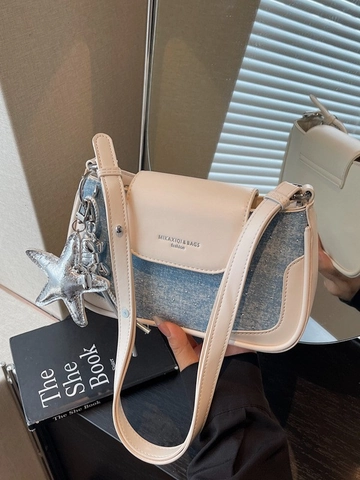 Borsa a Tracolla Donna Denim Patchwork PU Pelle Sottobraccio Piccola Borsa Quadrata Con Strass Ciondolo Stella Borsa Quotidiana