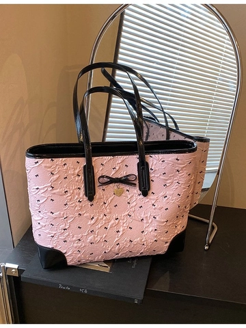 Large Capacity PU Leather Tote Bag For Women With Bow Heart Pendant Casual Shoulder Shopping Bag Daily Fashion Handbag