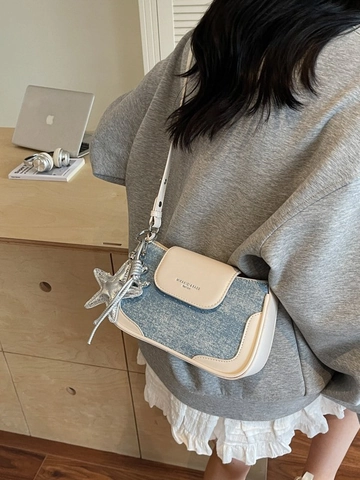 Borsa a Tracolla Donna Denim Patchwork PU Pelle Sottobraccio Piccola Borsa Quadrata Con Strass Ciondolo Stella Borsa Quotidiana