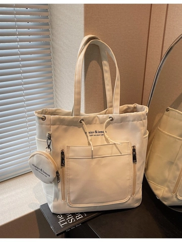 Sac Cabas en Toile de Grande Capacité pour Femme Sac à Épaule Décontracté Avec Breloque Porte-monnaie Rond Sac à Main École