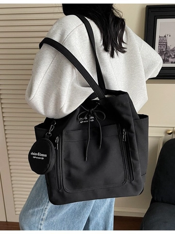 Sac Cabas en Toile de Grande Capacité pour Femme Sac à Épaule Décontracté Avec Breloque Porte-monnaie Rond Sac à Main École