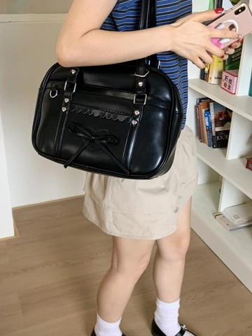 Women JK Style PU Leather Shoulder Bag Heart Rivets Bow Scalloped Edge Multifunctional Large Capacity Tote Handbag Daily School