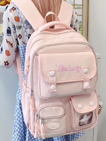Damen Mode Nylon Rucksack Große Kapazität Schultasche Student Wasserdicht Multi-Taschen Lässige Reise Daypack Mit Plüsch-Anhänger