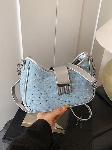 Borsa Sottobraccio in Denim con Strass da Donna Borsa a Tracolla a Mezzaluna con Catena Elegante Borsa Hobo Piccola per Feste