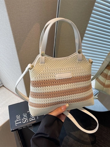Women Woven Bucket Bag Small Striped Knit Crossbody Bag With Leather Handle Adjustable Shoulder Strap Casual Hollow Out Tote Bag